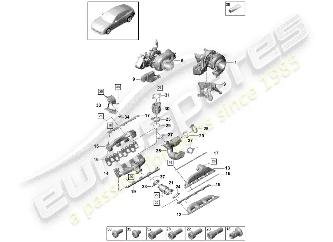 porsche 2017 (panamera 971-1) turbocompresor de gases de escape diagrama de piezas