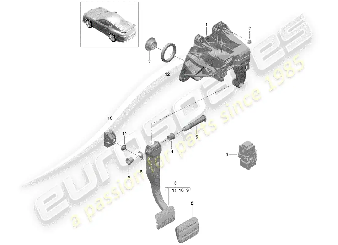 porsche 2014 (991-1 r/gt3/rs) brake and acc. pedal assembly diagrama de piezas