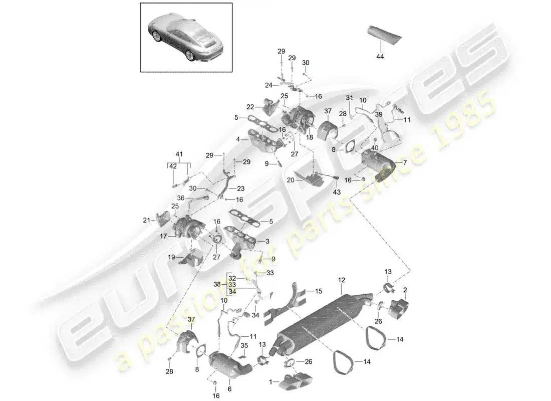 porsche 2017 (991-2 turbo) sistema de escape diagrama de piezas