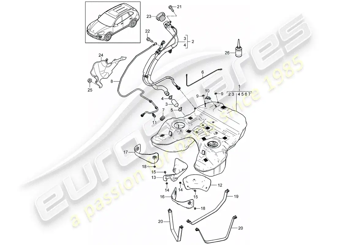 porsche 2013 (cayenne e2 92a) diagrama de piezas del tanque de combustible