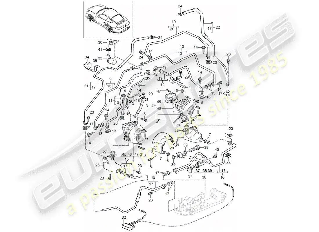 porsche 2011 (997-2 turbo / gt2 rs) turbocompresor de gases de escape diagrama de piezas