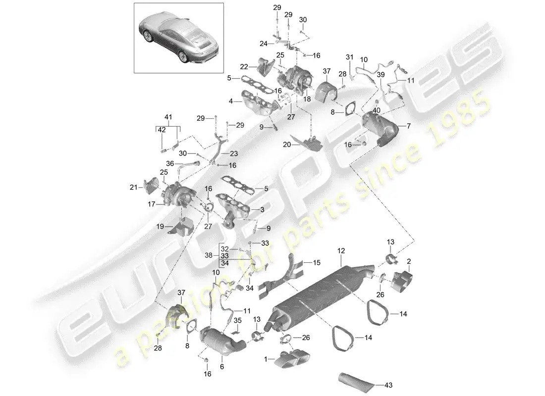 porsche 2016 (991-1 turbo) sistema de escape diagrama de piezas