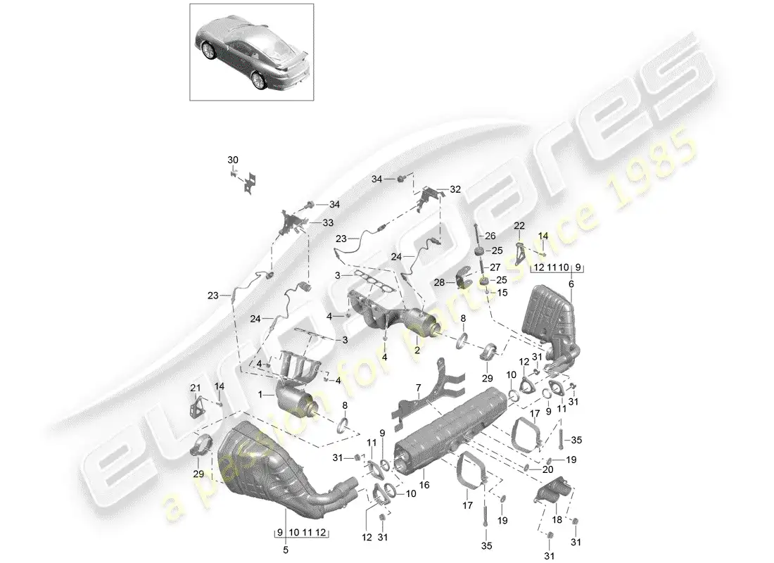 porsche 2014 (991-1 r/gt3/rs) sistema de escape diagrama de piezas
