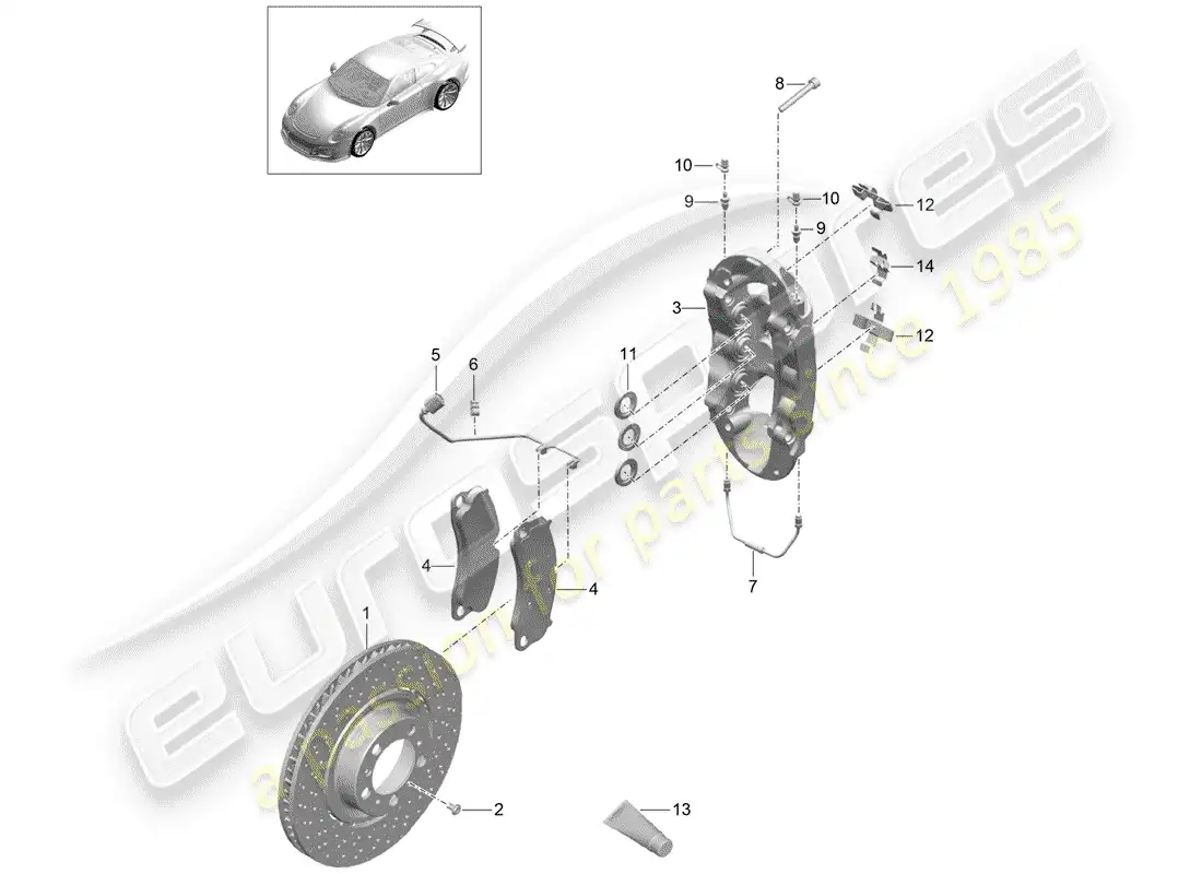 porsche 2014 (991-1 r/gt3/rs) frenos de disco diagrama de piezas