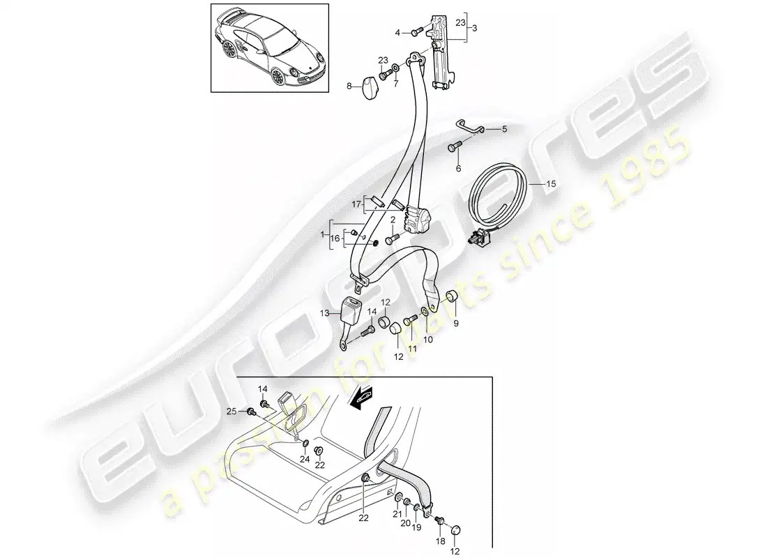 porsche 2012 (997-2 turbo / gt2 rs) cinturón de seguridad diagrama de piezas