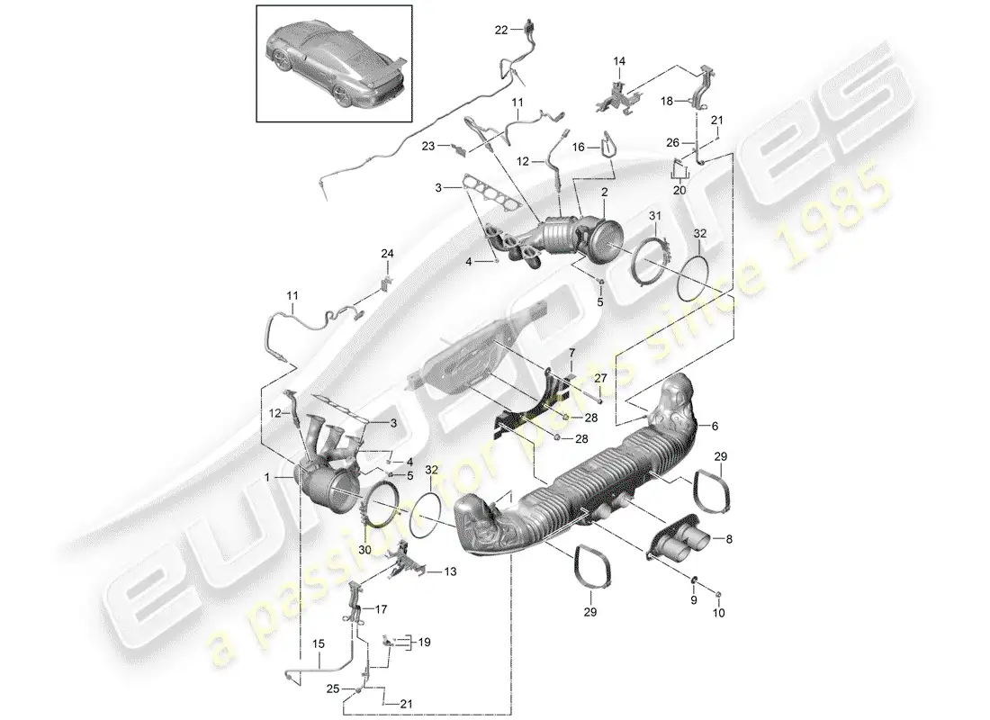 porsche 2014 (991-1 r/gt3/rs) sistema de escape diagrama de piezas