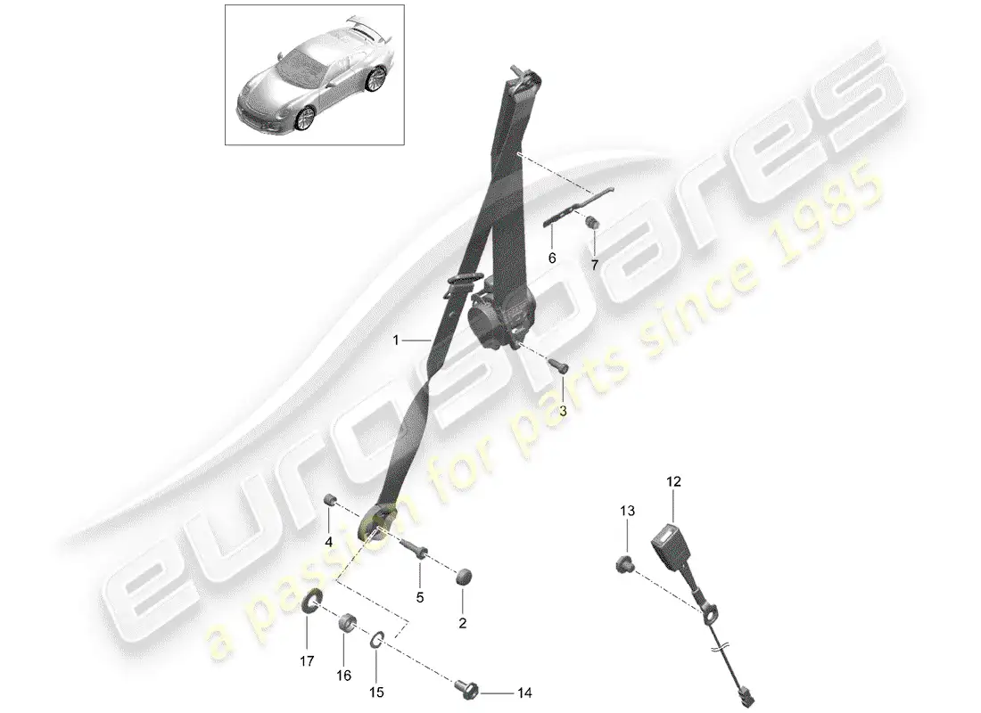 porsche 2015 (991-1 r/gt3/rs) cinturón de seguridad de tres puntos diagrama de piezas