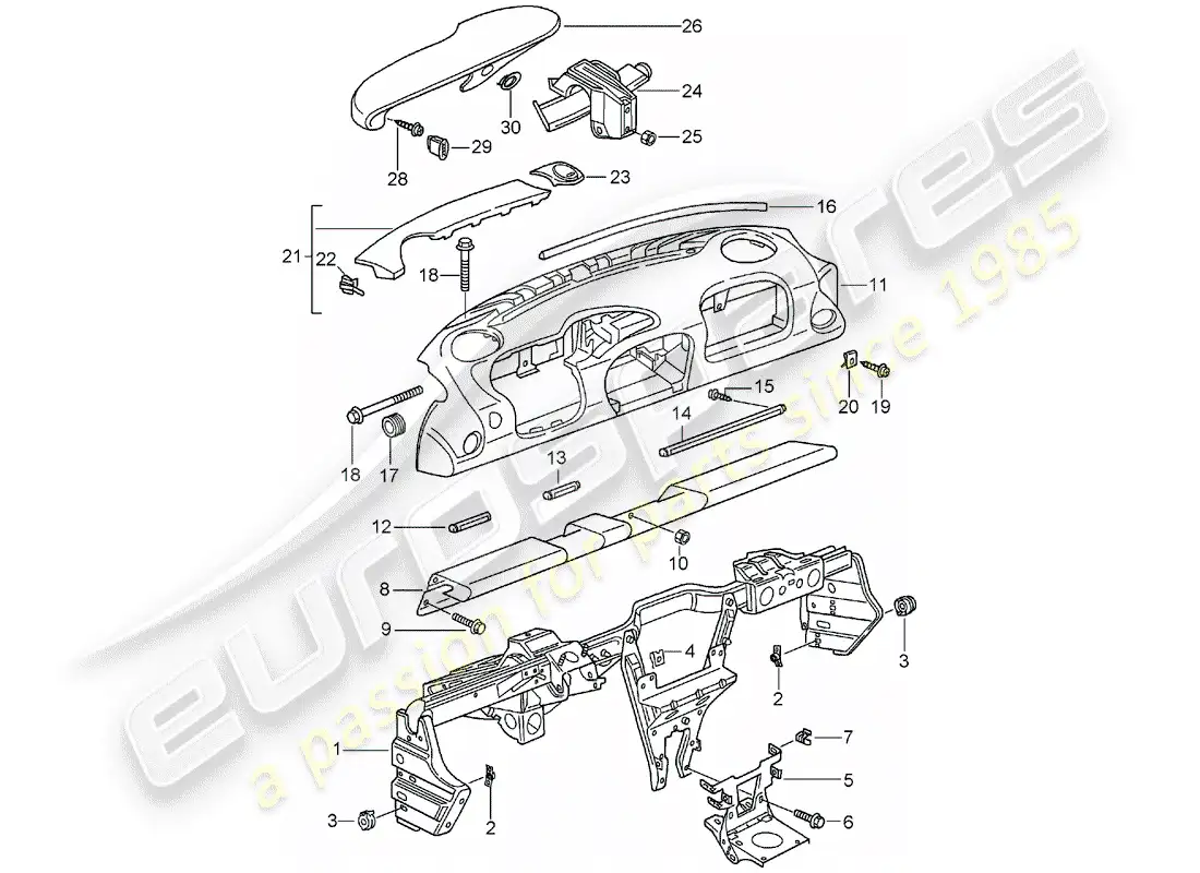 porsche 2004 (996 gt3) adorno del panel de tablero - con: - marco de retención diagrama de piezas