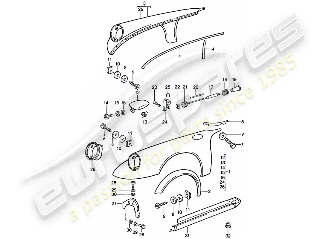 porsche 1987 (911) guardabarros - con: - copa de chapa para tanque diagrama de piezas