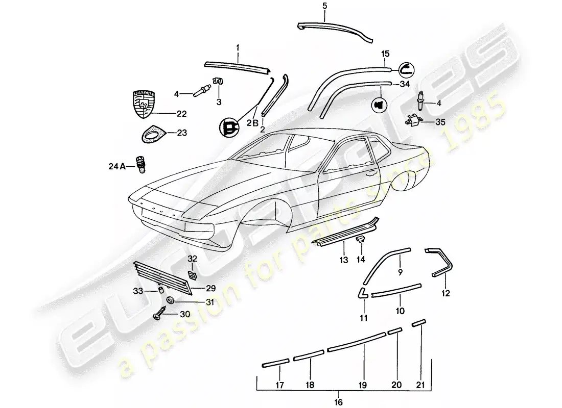 porsche 1988 (924s) moldura decorativa diagrama de piezas