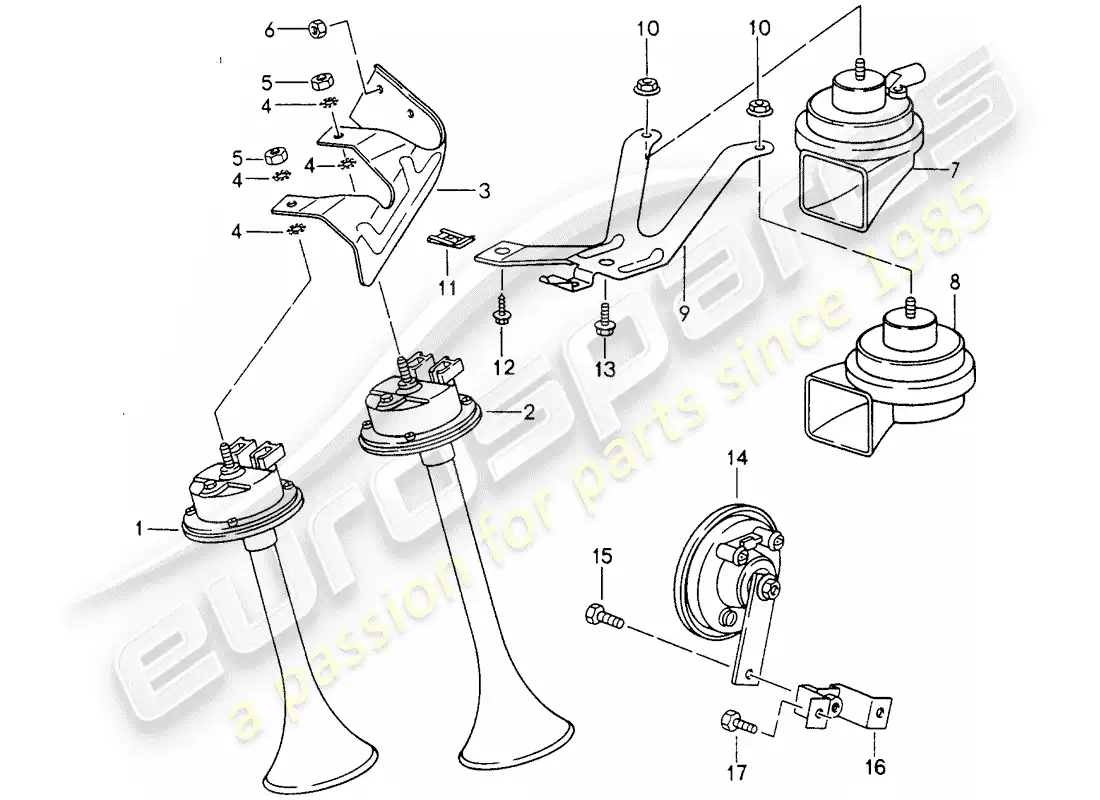 porsche 1995 (993) bocina de fanfarria - bocina diagrama de piezas