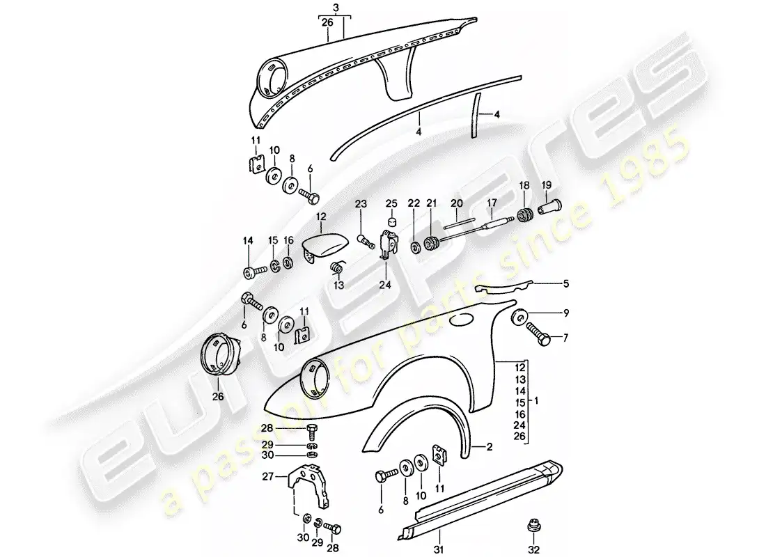 porsche 1986 (911) paneles exteriores diagrama de piezas