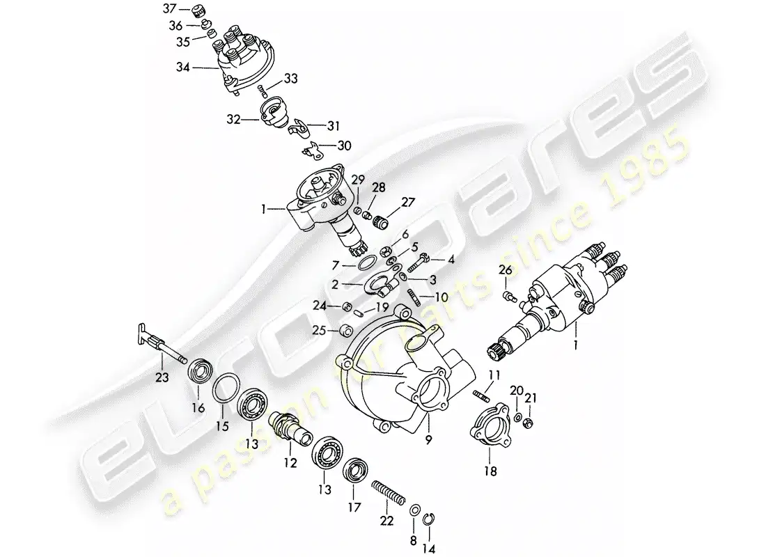 porsche 1964 (356b/356c) distribuidor - mecanismo de accionamiento diagrama de piezas