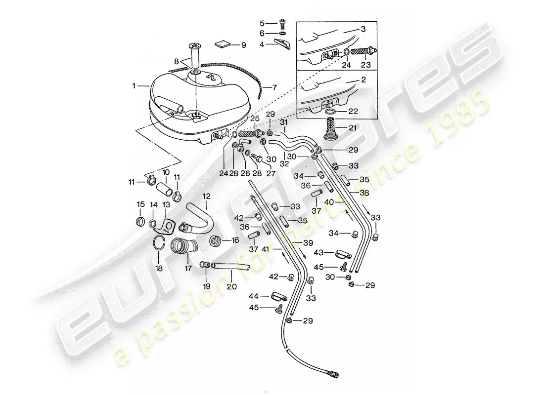 porsche 1977 (911) sistema de combustible - para vehículos con - soporte auxiliar de acero diagrama de piezas