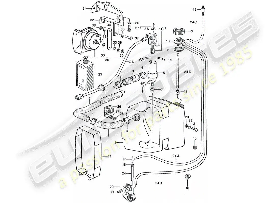porsche 1988 (911) modelo especial - diseño de nariz plana - unidad arandela - bocina diagrama de piezas
