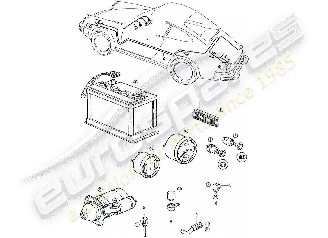 porsche 1986 (911) mazo de cables - habitáculo - cable de arranque de batería - piso del maletero diagrama de piezas