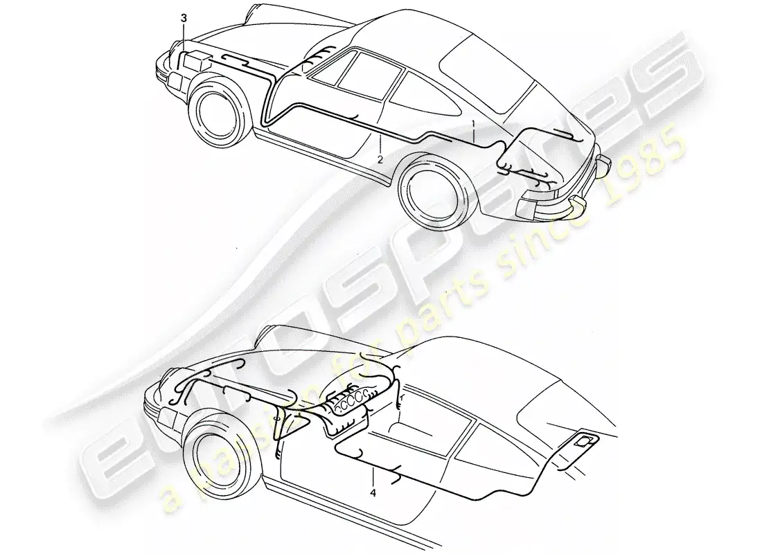 porsche 1987 (911) mazo de cables - habitáculo - bateria de arranque - piso del maletero diagrama de piezas