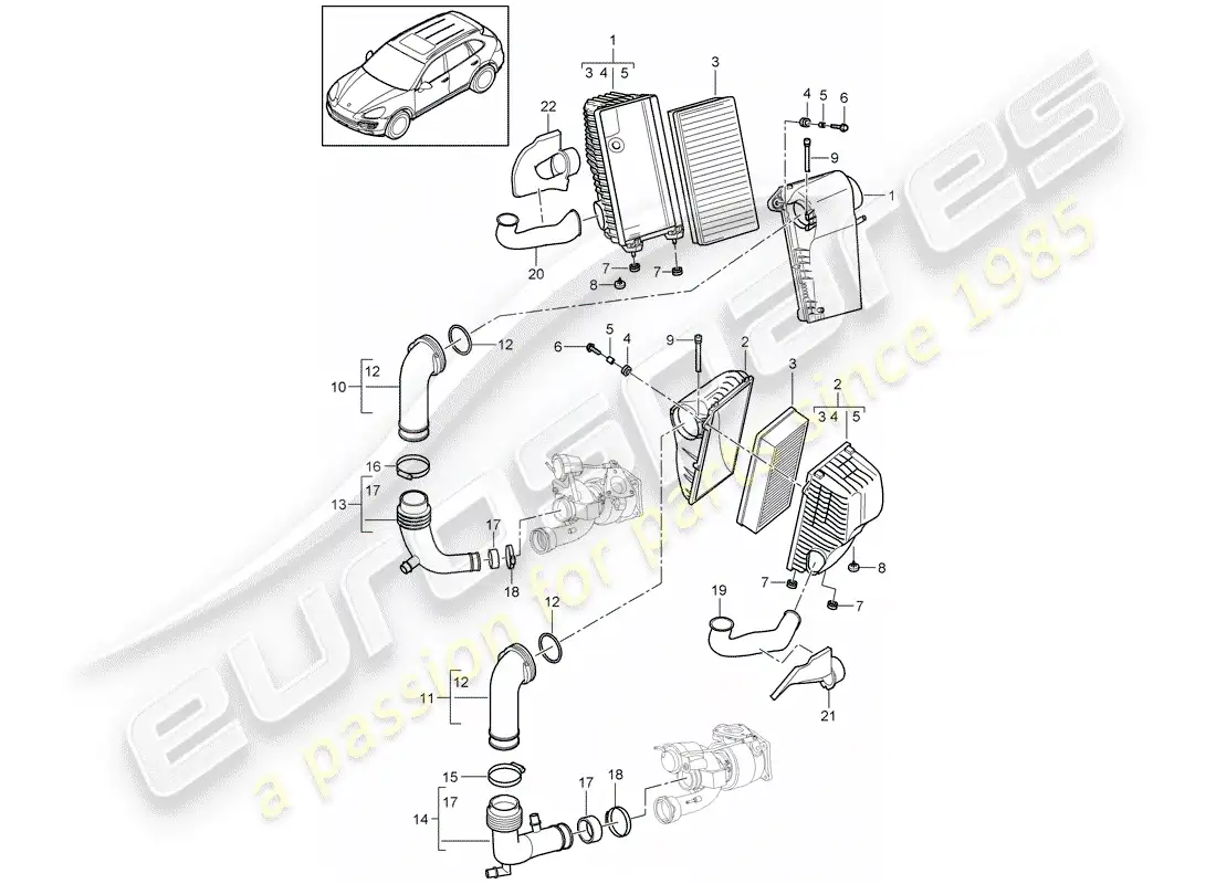 porsche 2012 (cayenne e2 92a) filtro de aire con conexión diagrama de piezas