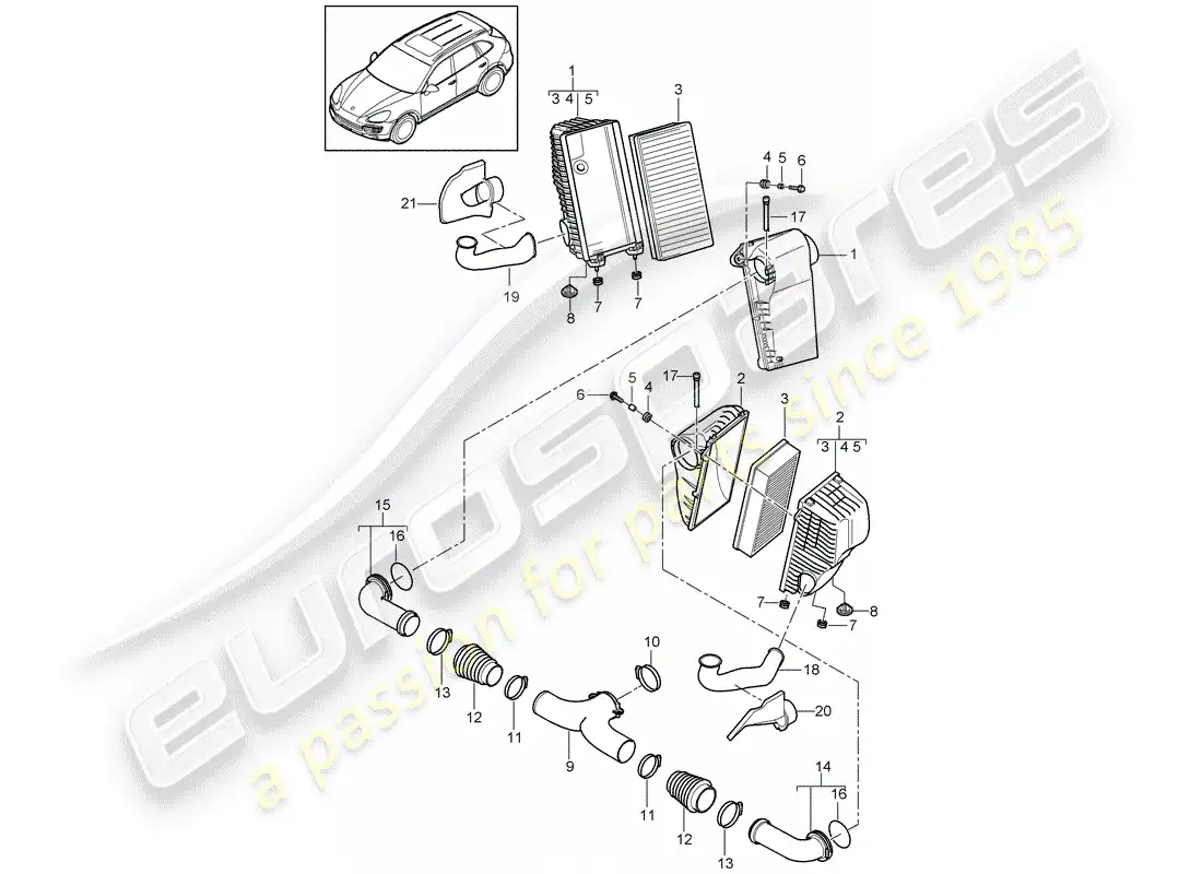 porsche 2012 (cayenne e2 92a) filtro de aire con conexión diagrama de piezas