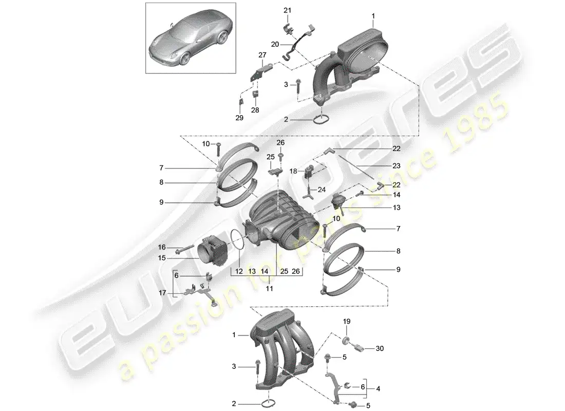 porsche 2013 (991-1) distribuidor de aire de admisión diagrama de piezas