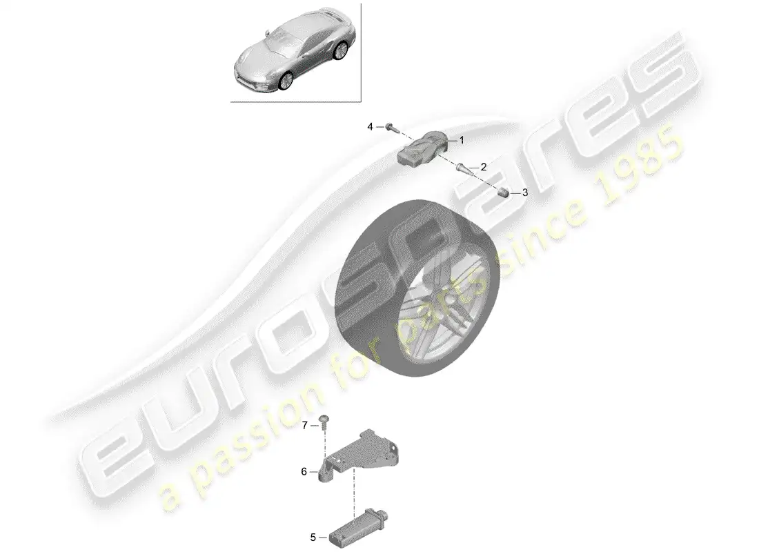 porsche 2016 (991-1 turbo) sistema de control de presión de neumáticos diagrama de piezas