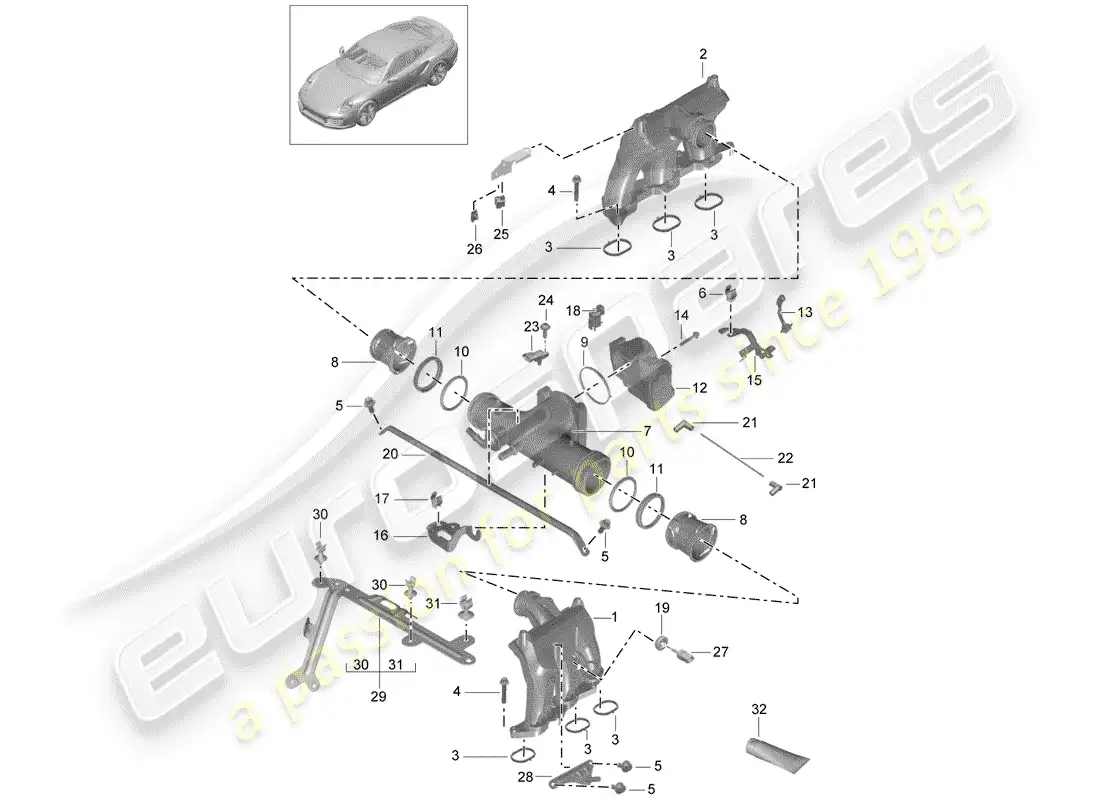 porsche 2016 (991-1 turbo) distribuidor de aire de admisión diagrama de piezas