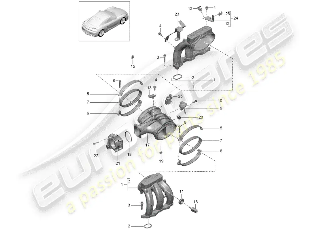 porsche 2016 (981 cayman gt4) diagrama de piezas del distribuidor de aire de admisión