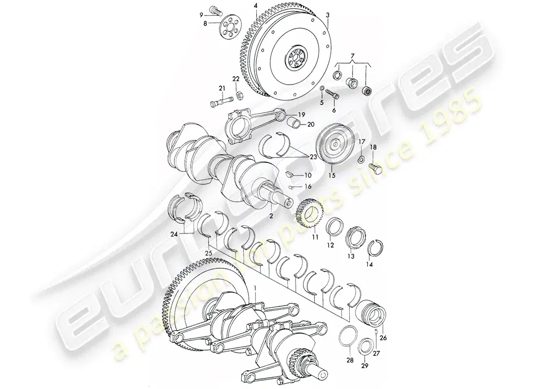 porsche 1970 (911) cigüeñal - y - biela diagrama de piezas