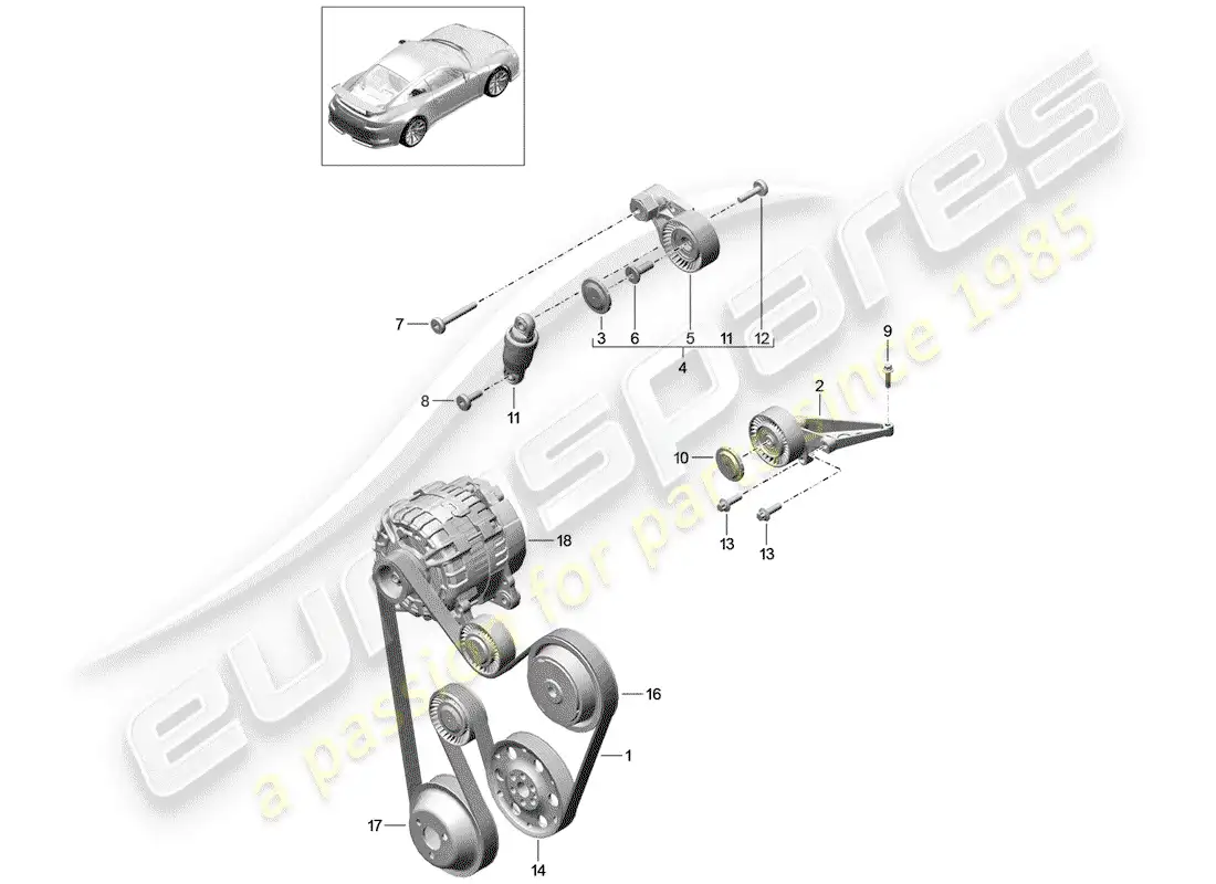 porsche 2014 (991-1 r/gt3/rs) cinturón acanalado en v diagrama de piezas