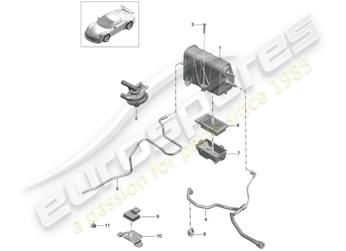 porsche 2014 (991-1 r/gt3/rs) bote de emisiones evaporativas diagrama de piezas