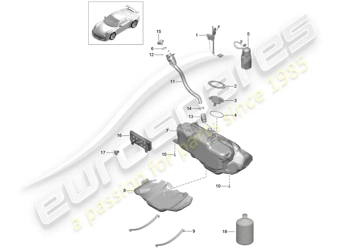 porsche 2014 (991-1 r/gt3/rs) depósito de combustible diagrama de piezas