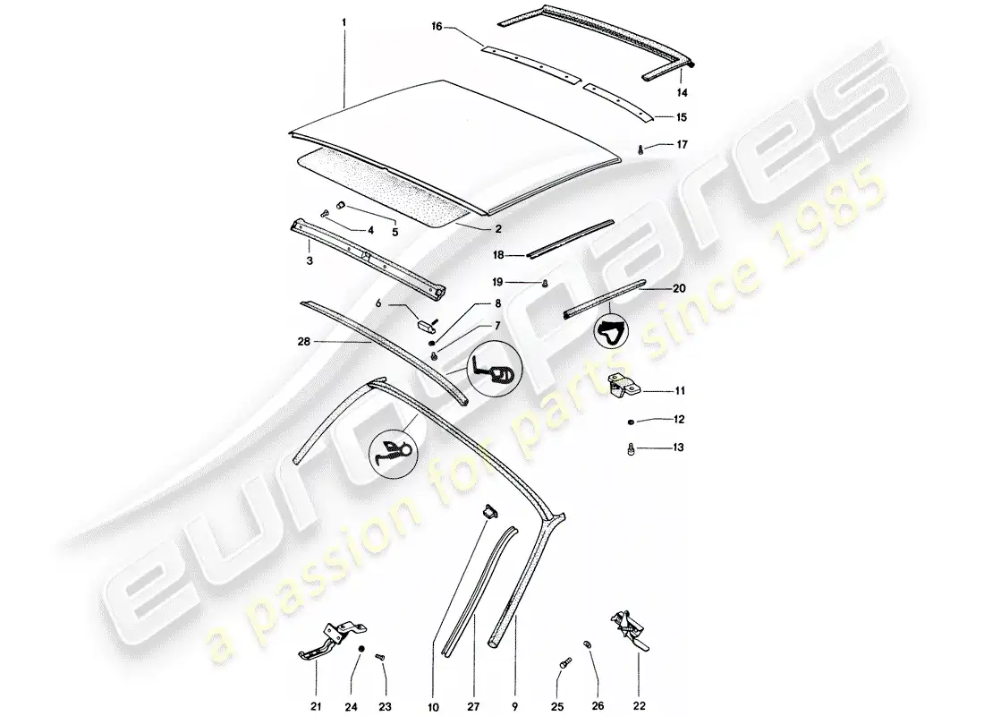 porsche 1971 (914) techo diagrama de piezas