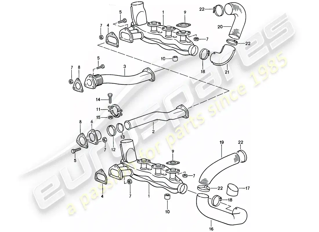 porsche 1986 (911) sistema de escape - núcleo del calentador diagrama de piezas