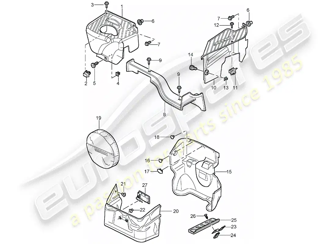 porsche 2001 (996 gt3) compartimiento de equipaje diagrama de piezas