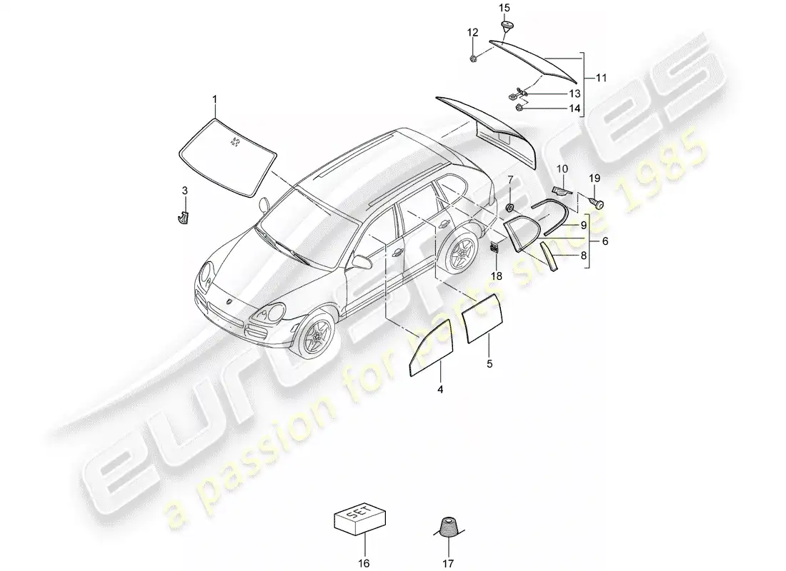 porsche 2005 (cayenne e1 9pa) vidrio del parabrisas diagrama de piezas