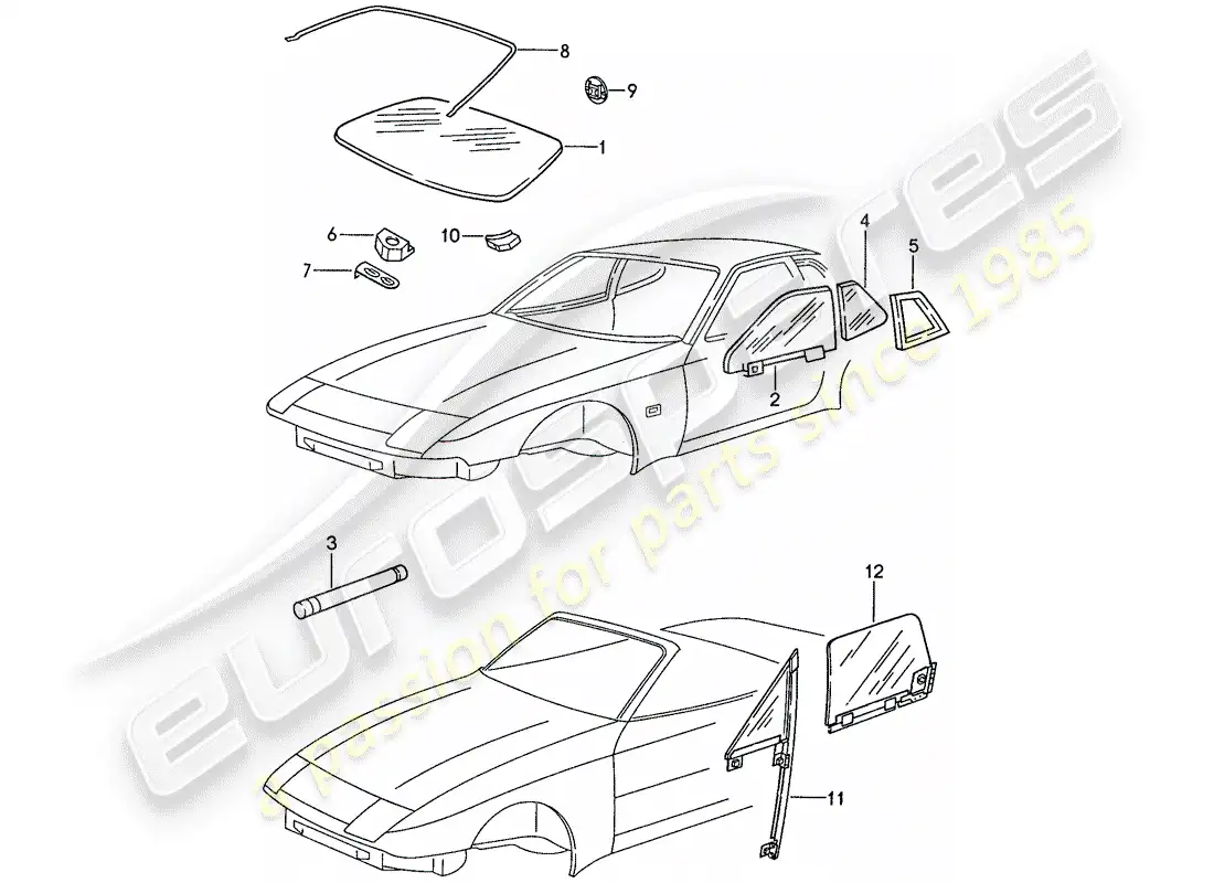 porsche 1990 (944) acristalamiento de ventanas diagrama de piezas