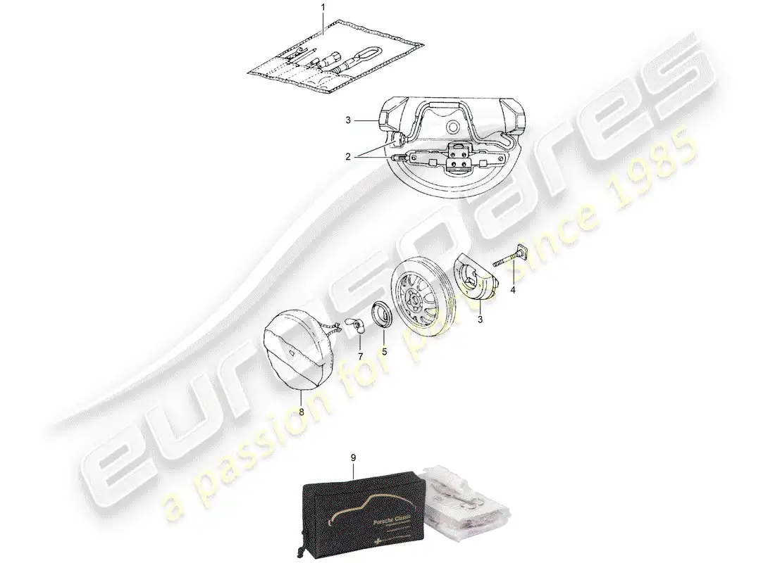 porsche 2001 (986 boxster) herramienta - gato diagrama de piezas