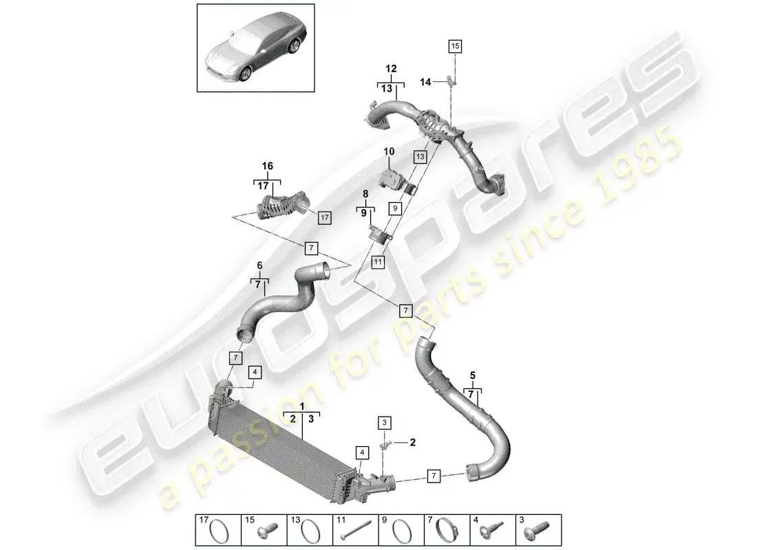 porsche 2019 (panamera 971-1) enfriador de aire de carga diagrama de piezas