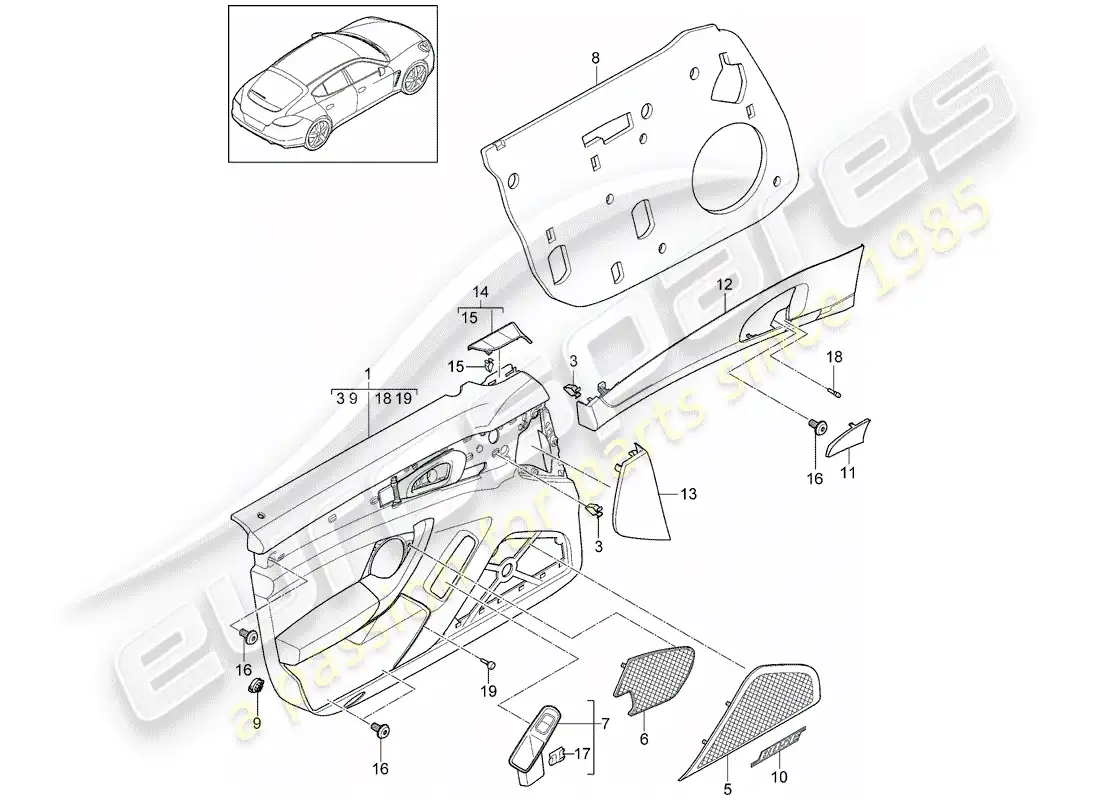 porsche 2012 (panamera 970) diagrama de piezas del panel de puerta