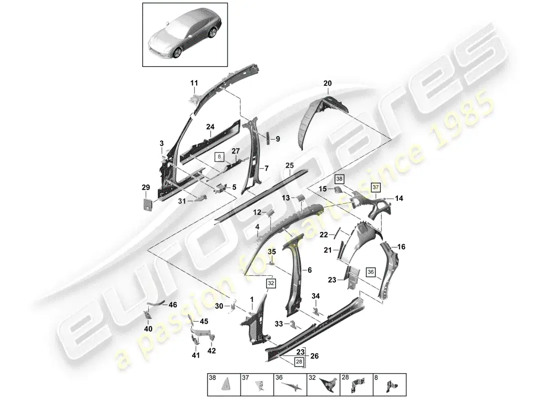 porsche 2019 (panamera 971-1) panel lateral diagrama de piezas