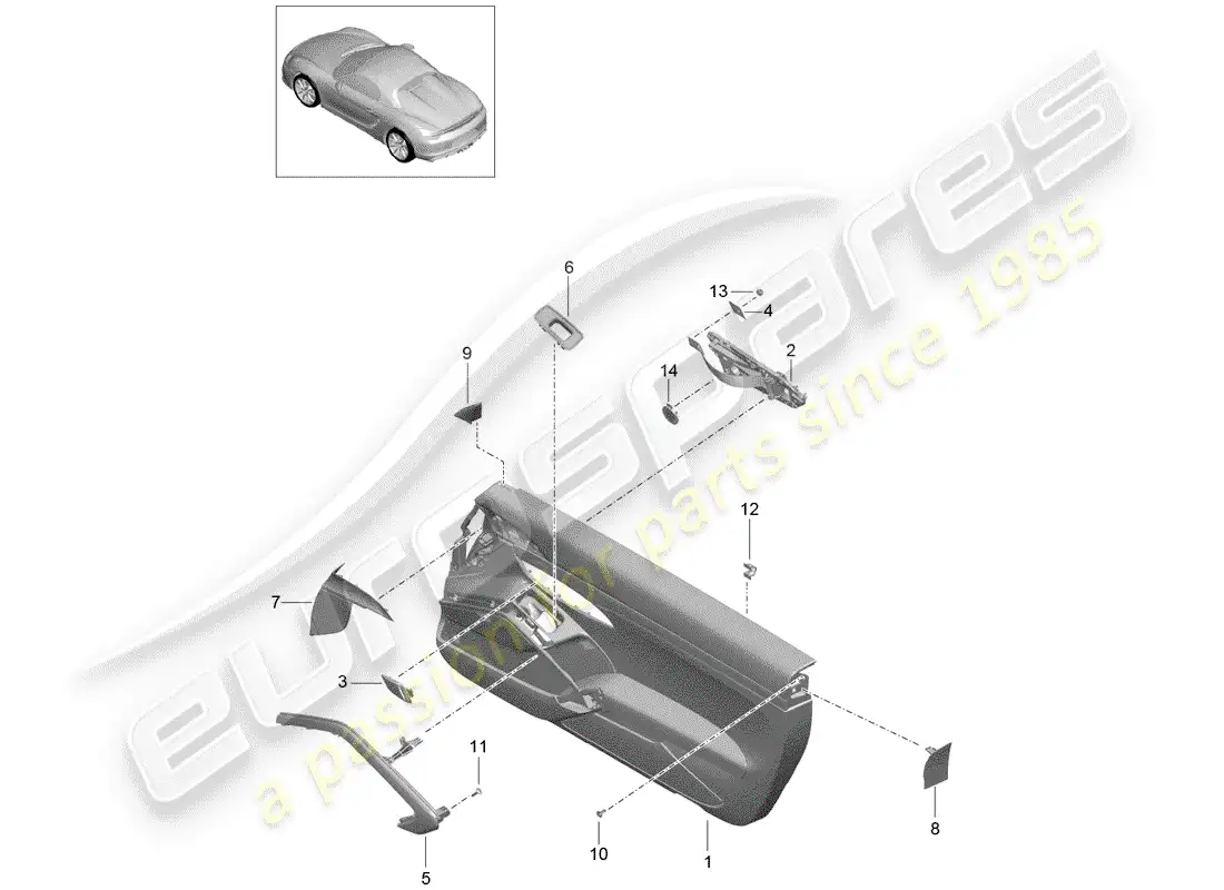 porsche 2016 (981 boxster spyder) panel de la puerta diagrama de piezas