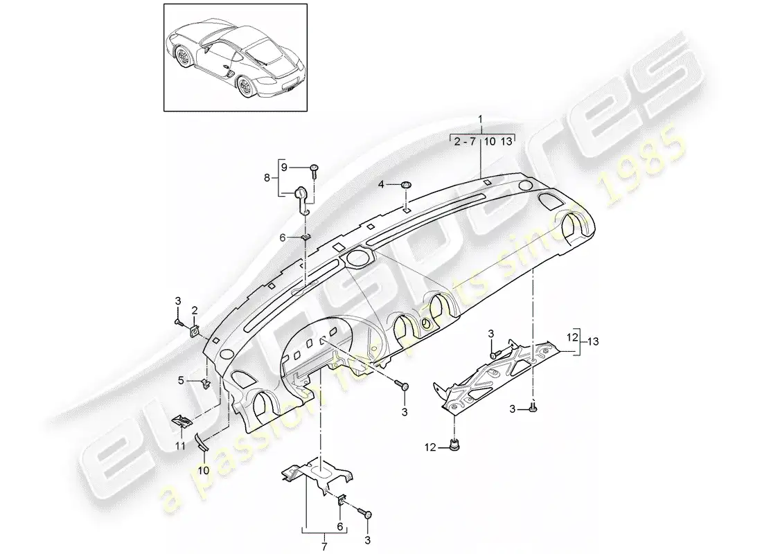 porsche 2007 (987 cayman) moldura del panel de instrumentos diagrama de piezas