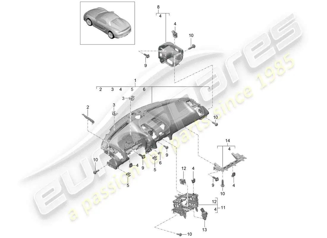 porsche 2016 (981 boxster spyder) moldura del panel de instrumentos diagrama de piezas