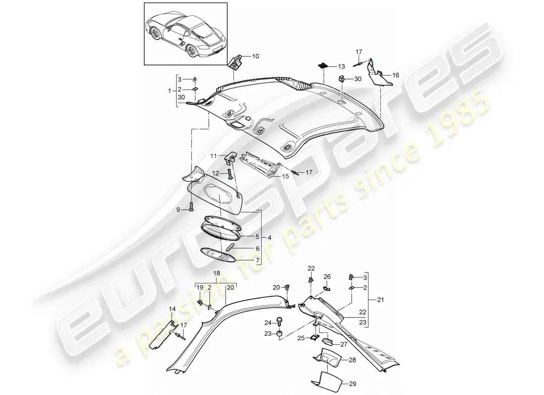 porsche 2012 (987 cayman) panel de adorno de techo diagrama de piezas