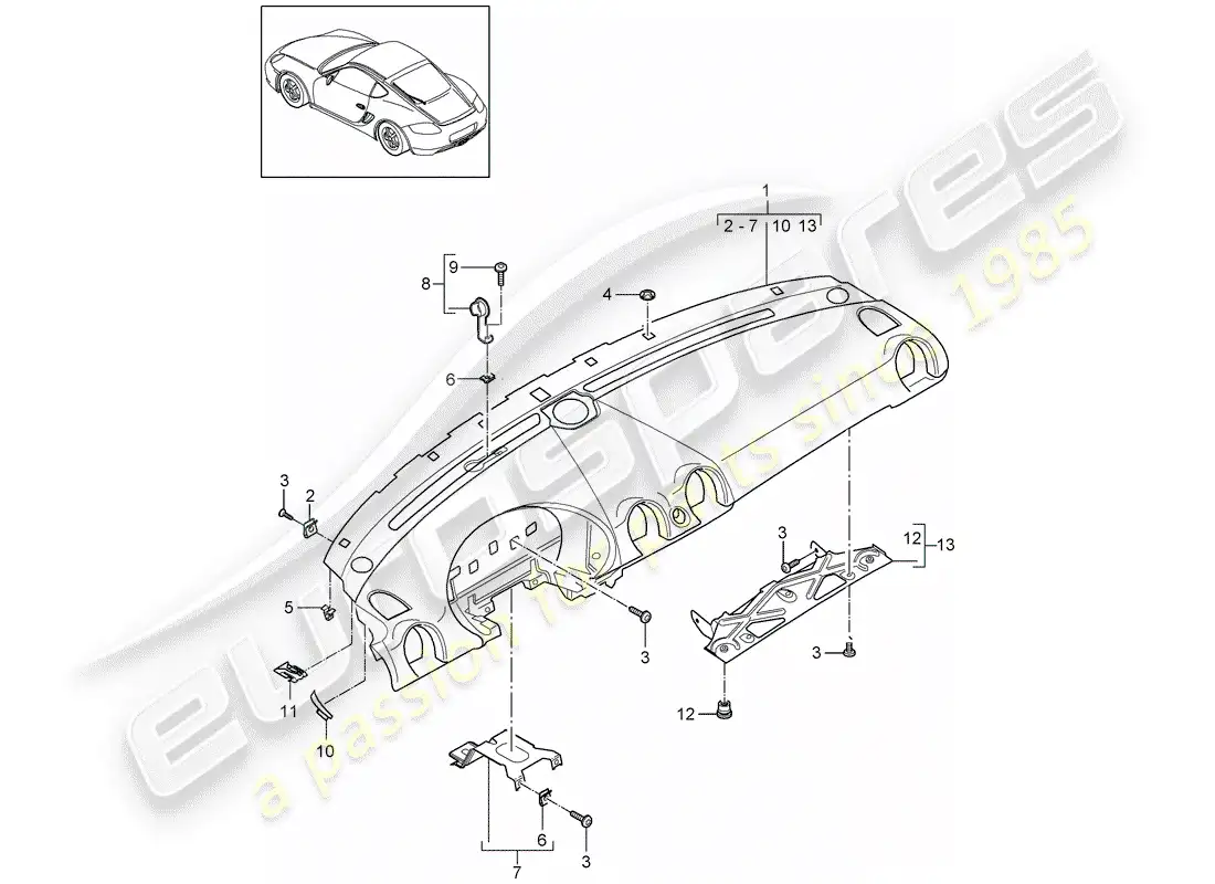 porsche 2009 (987 cayman) moldura del panel de instrumentos diagrama de piezas