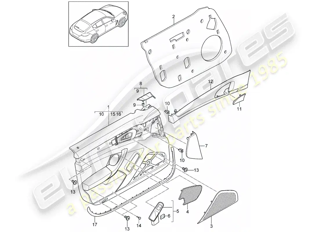 porsche 2012 (panamera 970) diagrama de piezas del panel de puerta