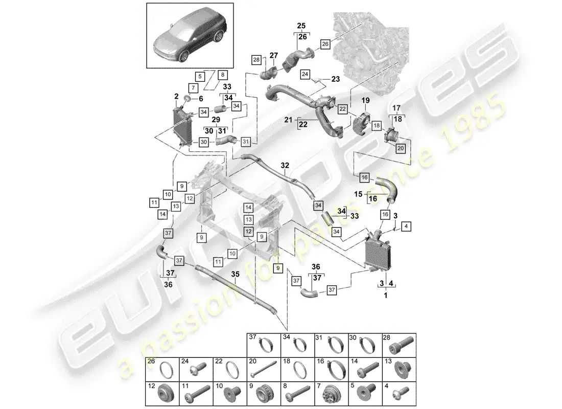 porsche 2020 (cayenne e3 9ya/9yb) enfriador de aire de carga diagrama de piezas