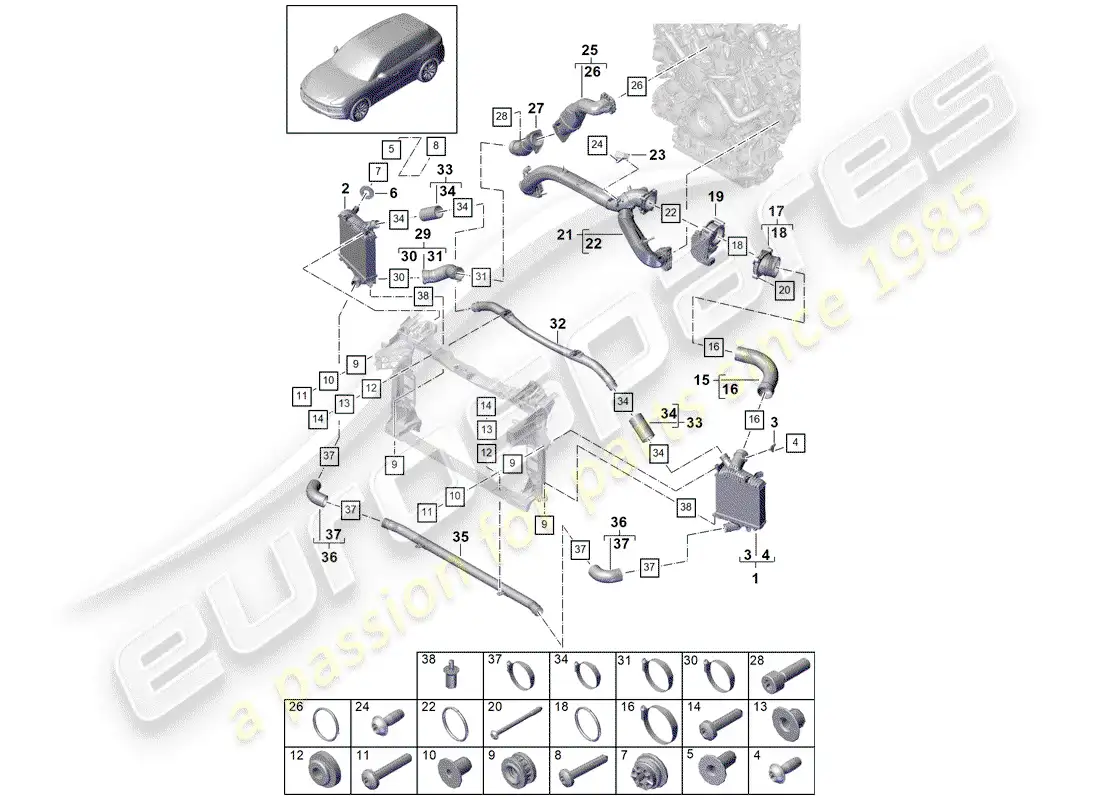 porsche 2019 (cayenne e3 9ya/9yb) enfriador de aire de carga diagrama de piezas