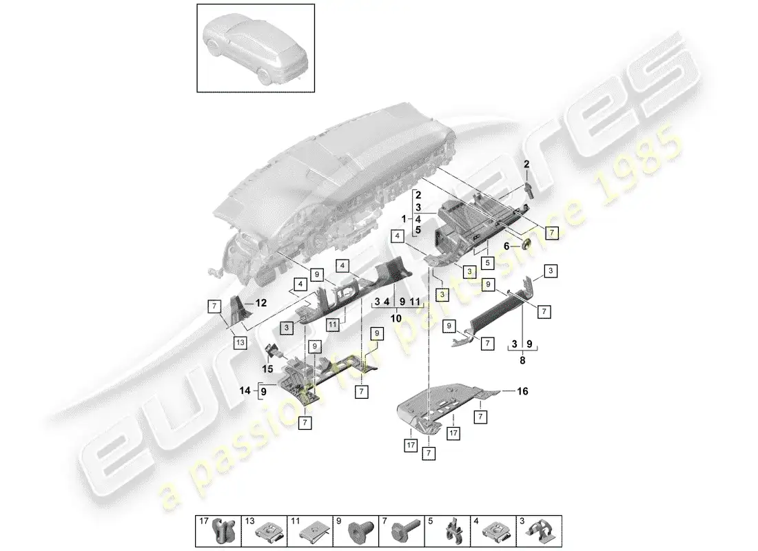 porsche 2020 (cayenne e3 9ya/9yb) moldura del panel de instrumentos diagrama de piezas