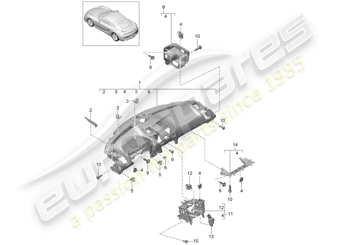 porsche 2016 (981 cayman gt4) moldura del panel de instrumentos diagrama de piezas